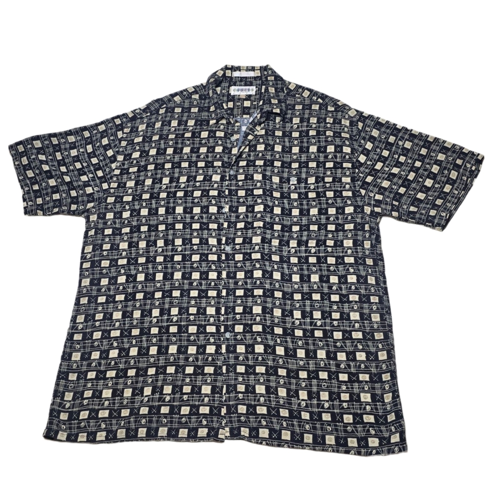 VINTAGE Campia Moda XL Rayon Camp Shirt | Black Beige White Abstract Print